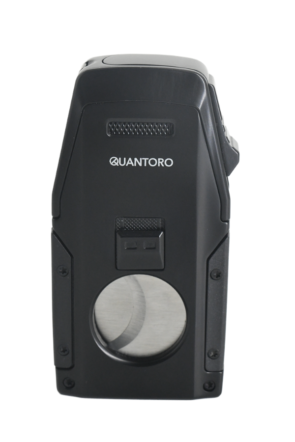 TRZ1125,Quantoro Çift Torch Pürmüz Düz Kesici/Delicili Siyah Metal Puro Çakmağı
