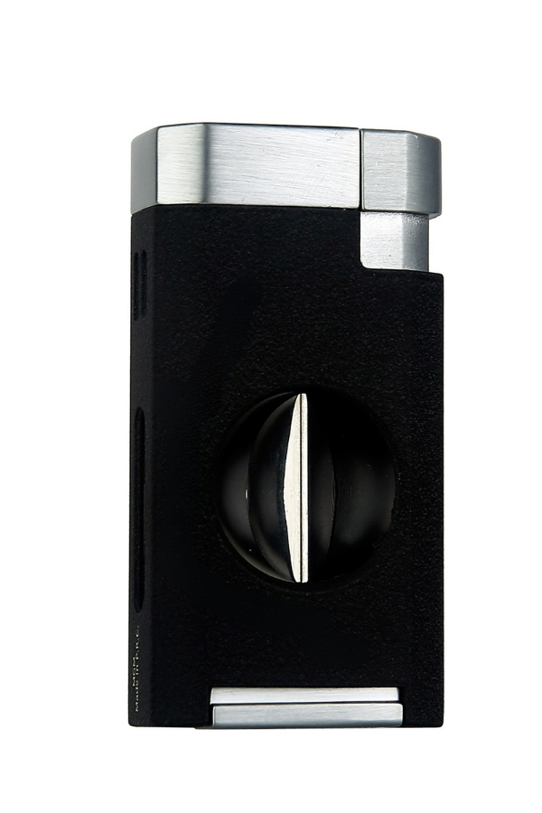 TRZ1069,Quantoro Çift Torch Pürmüz V-Cut Kesicili Siyah-Gümüş Metal Puro Çakmağı