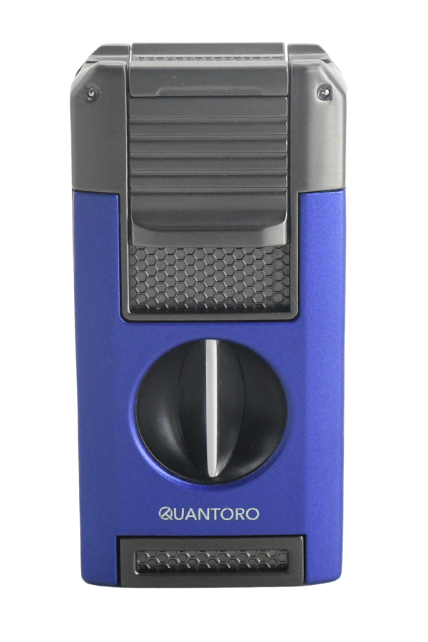 TRZ1093,Quantoro Çift Torch Pürmüz V-Cut/Delicili/İğneli Mavi-Gunmetal Metal Puro Çakmağı