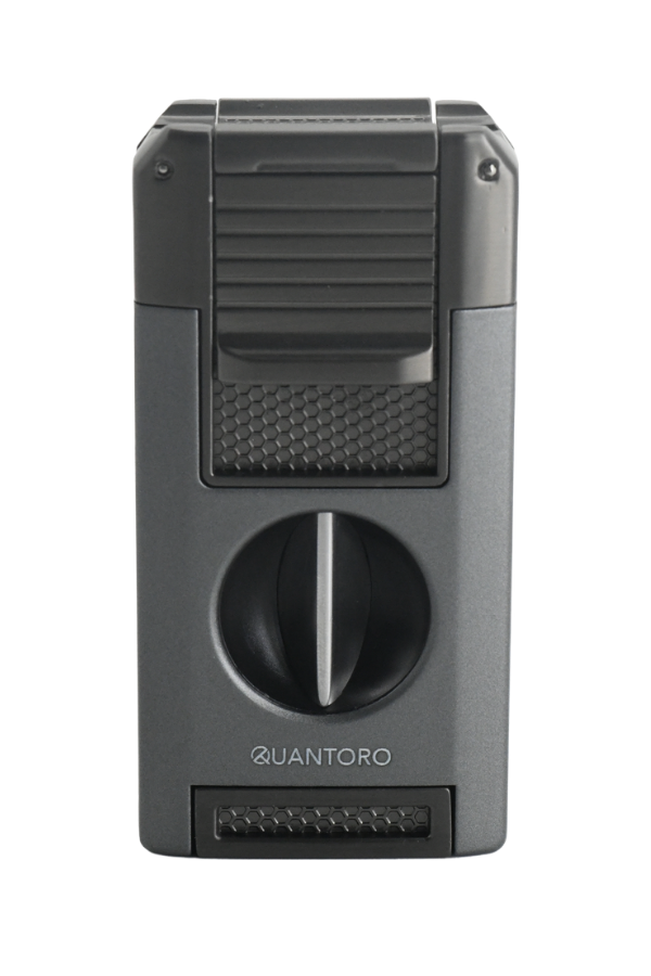 TRZ1098,Quantoro Çift Torch Pürmüz V-Cut/Delicili/İğneli Gri Metal Puro Çakmağı