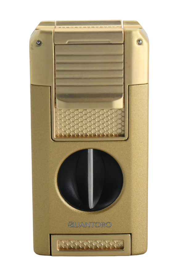 TRZ1096,Quantoro Çift Torch Pürmüz V-Cut/Delicili/İğneli Gold Metal Puro Çakmağı
