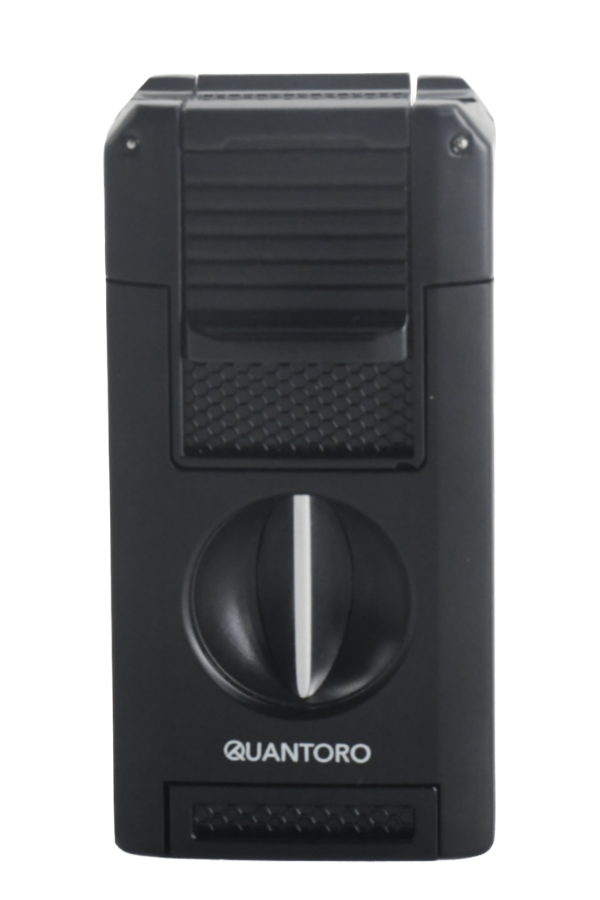 TRZ1094,Quantoro Çift Torch Pürmüz V-Cut/Delicili/İğneli Siyah Metal Puro Çakmağı