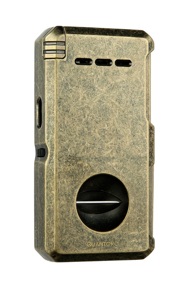 TRZ1089,Quantoro Çift Torch Pürmüz V-Cut/Delicili/İğneli Fırçalı Gold Metal Puro Çakmağı