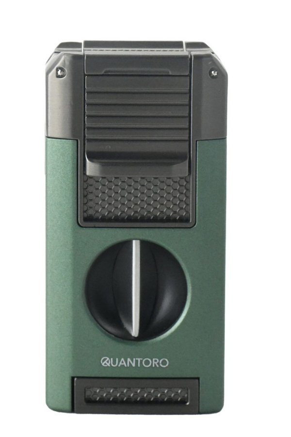 TRZ1099,Quantoro Çift Torch Pürmüz V-Cut/Delicili/İğneli Yeşil Metal Puro Çakmağı
