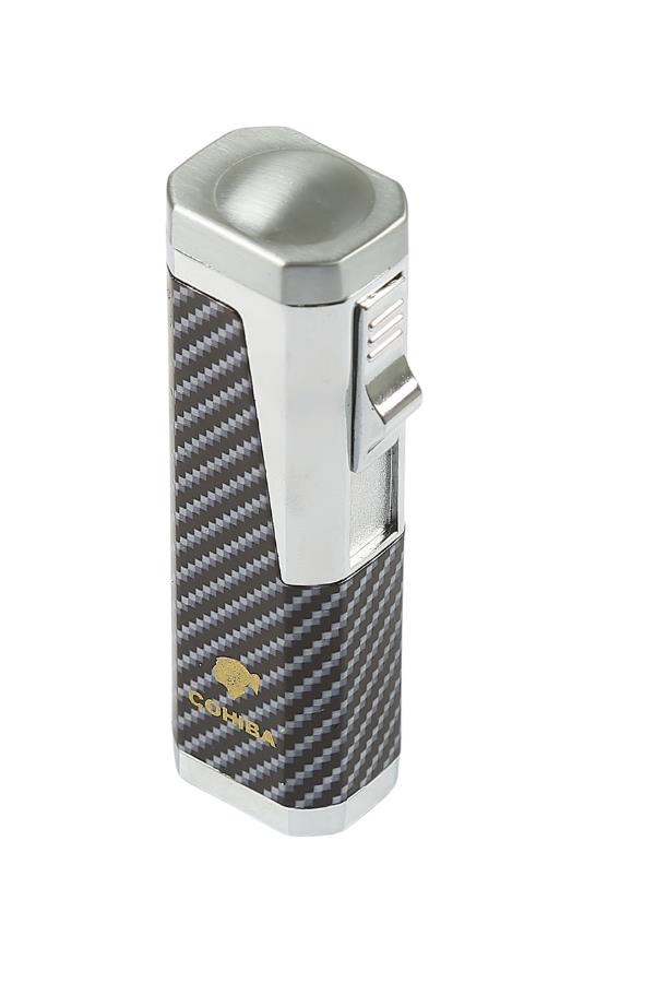 TR7185,Cohiba 3 Torch Pürmüz Karbon Desenli Gümüş Metal Puro Çakmağı