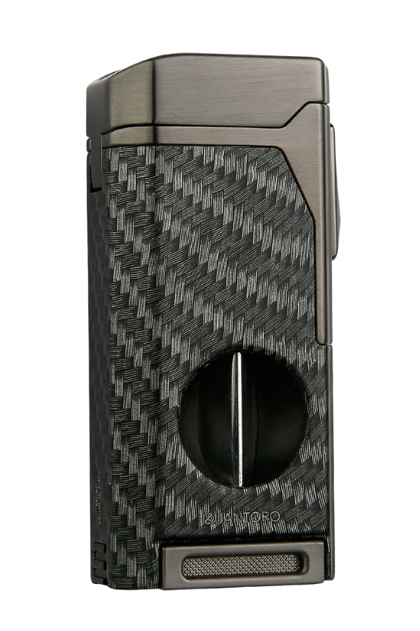 TRZ1137,Quantoro Dört Torch Pürmüz V-Kesici/Delicili Siyah Karbon Desenli Metal Puro Çakmağı