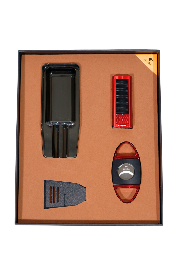 TR8814,Cohiba Çakmak Kesici Küllük Sehpa Siyah-Kırmızı Dörtlü Puro Seti