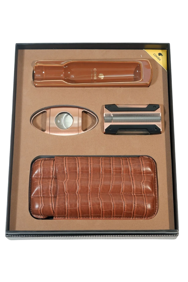 TR9858,Cohiba Tek Torch Çakmak Kesici Küllük Kılıf Kahverengi Dörtlü Puro Seti