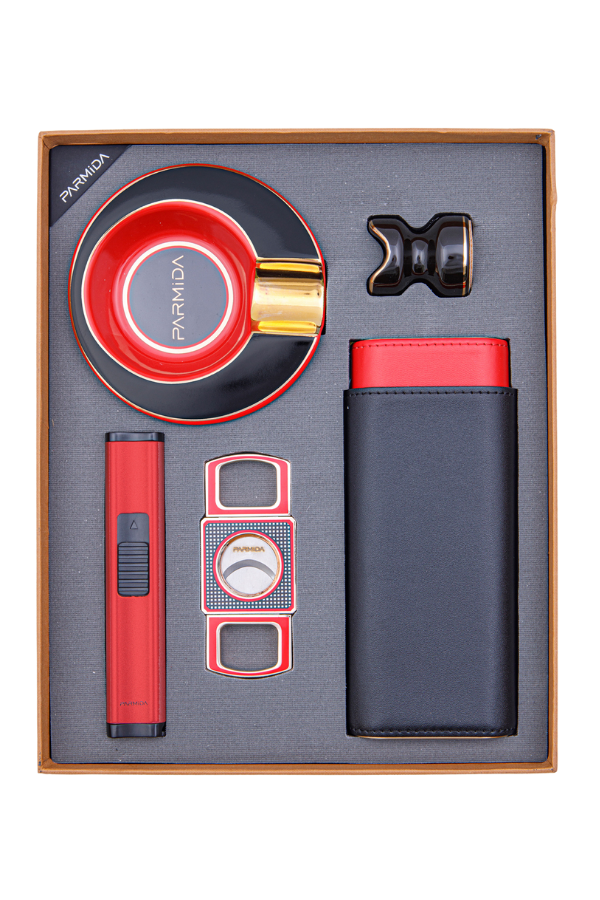 TR8408,Parmida Çakmak Kesici Kılıf Küllük Dörtlü Kırmızı Puro Seti