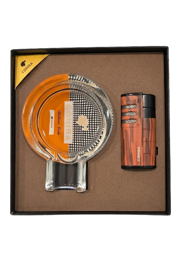TR9838,Cohiba 3 Torch Kamuflaj Çakmak Kristal Küllük İkili Puro Seti