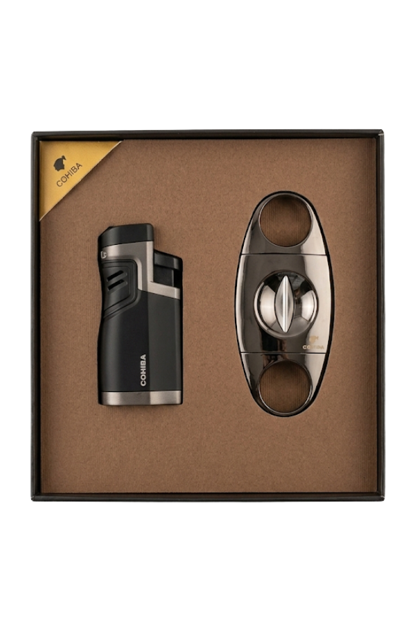 TR9840,Cohiba 4 Torch Siyah Çakmak Siyah V Kesici  İkili Puro Seti