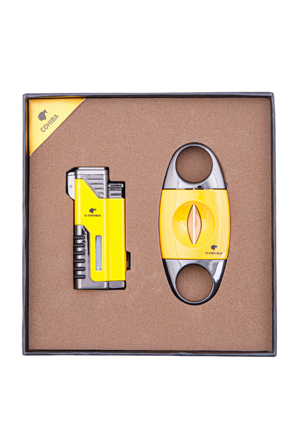TR8381,Cohiba Çakmak Kesici İkili Sarı - Siyah Puro Seti
