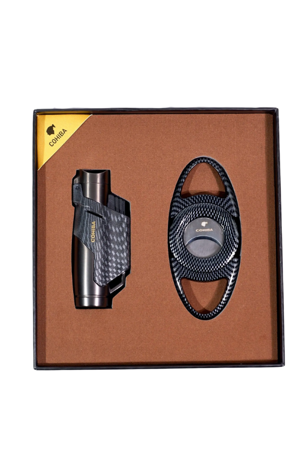 TR9261,Cohiba Çakmak Kesici İkili Karbon Desenli Gunmetal Puro Seti
