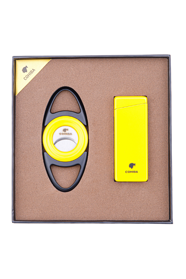TR8379,Cohiba Çakmak Kesici İkili Sarı - Siyah Puro Seti