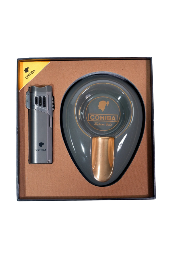 TR9183,Cohiba Çakmak Küllük İkili Gunmetal Puro Seti