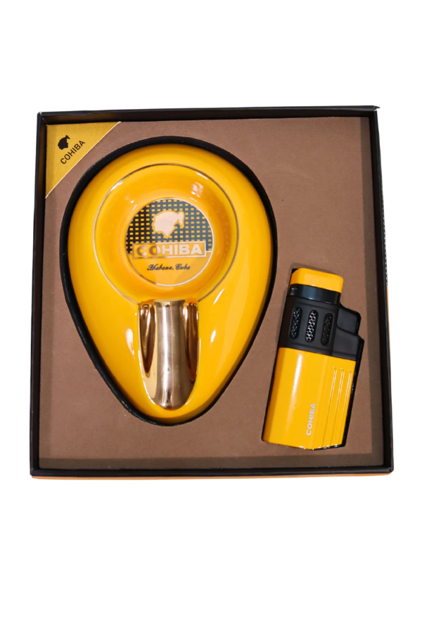 TR10028,Cohiba 4 Torch Pürmüz Sarı Çakmak Küllük İkili Puro Seti