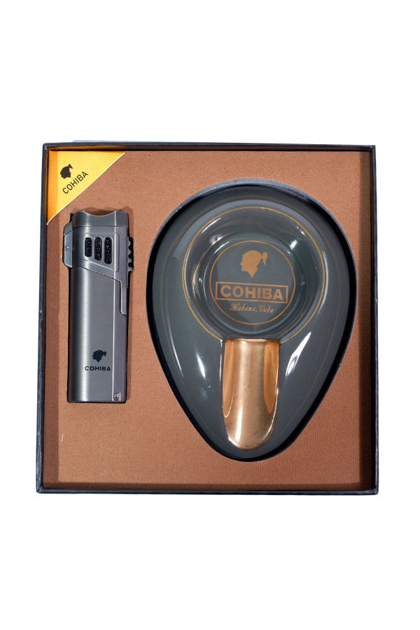 TR9104,Cohiba Çakmak Küllük İkili Gunmetal Puro Seti