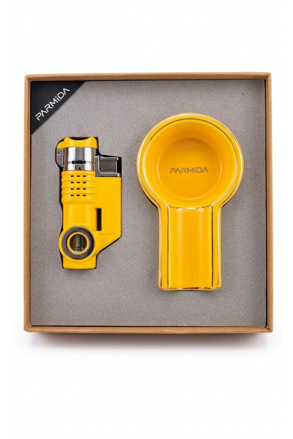 TR9854,Parmida 3 Torch Sarı Çakmak Sarı Tekli Küllük İkili Puro Seti