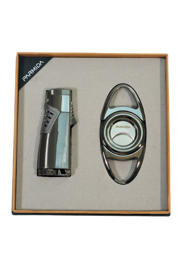 TR9855,Parmida 3 Torch Gunmetal Çakmak Gunmetal Kesici İkili Puro Seti