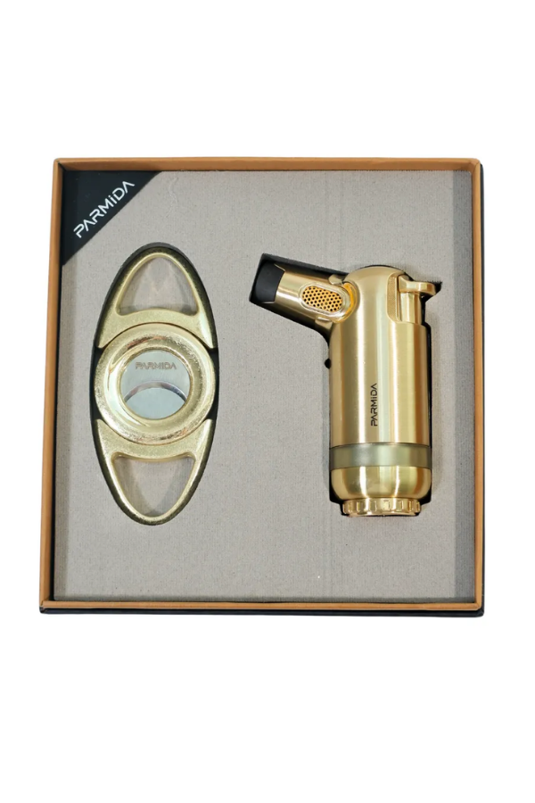 TR9857,Parmida 3 Torch Gold Masa Tipi Çakmak Fırçalı Gold Kesici İkili Puro Seti