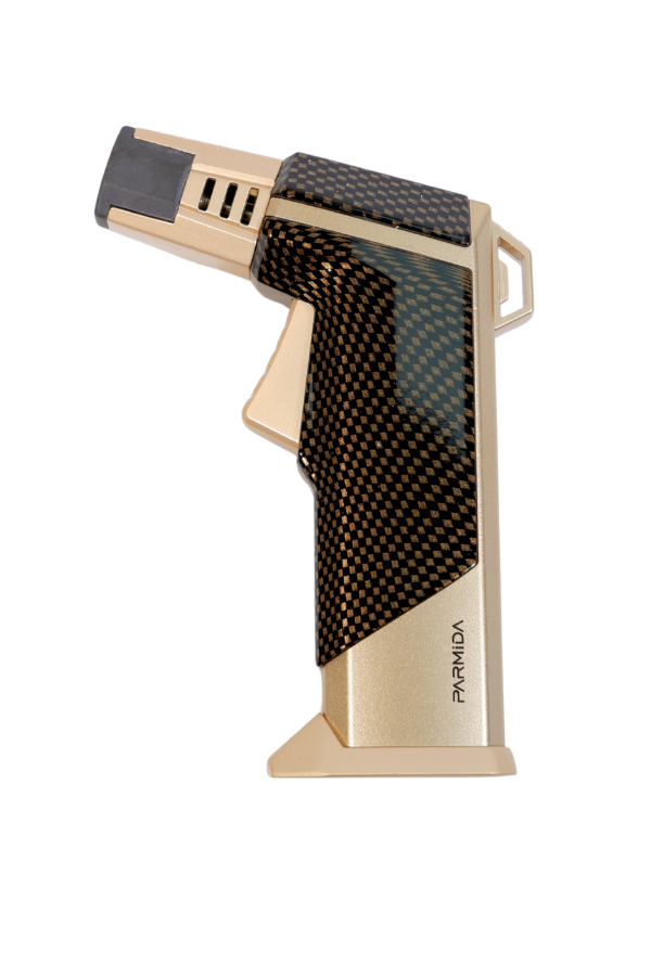 TR9238,Parmida Tek Torch Pürmüz Karbon Desenli Gold Masa Tipi Metal Puro Çakmağı