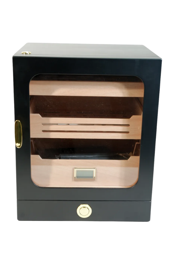 TR9827,PremiumQuality Las Condes Aksesuar Çekmeceli İçi Ledli Siyah Sedir Humidor Puro Kutusu