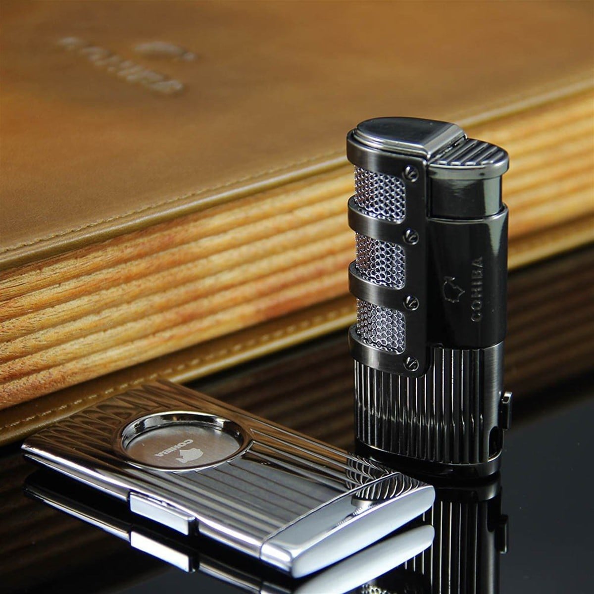 TR850,Cohiba 3 Torch Gunmetal Çakmak ve Kesici Set