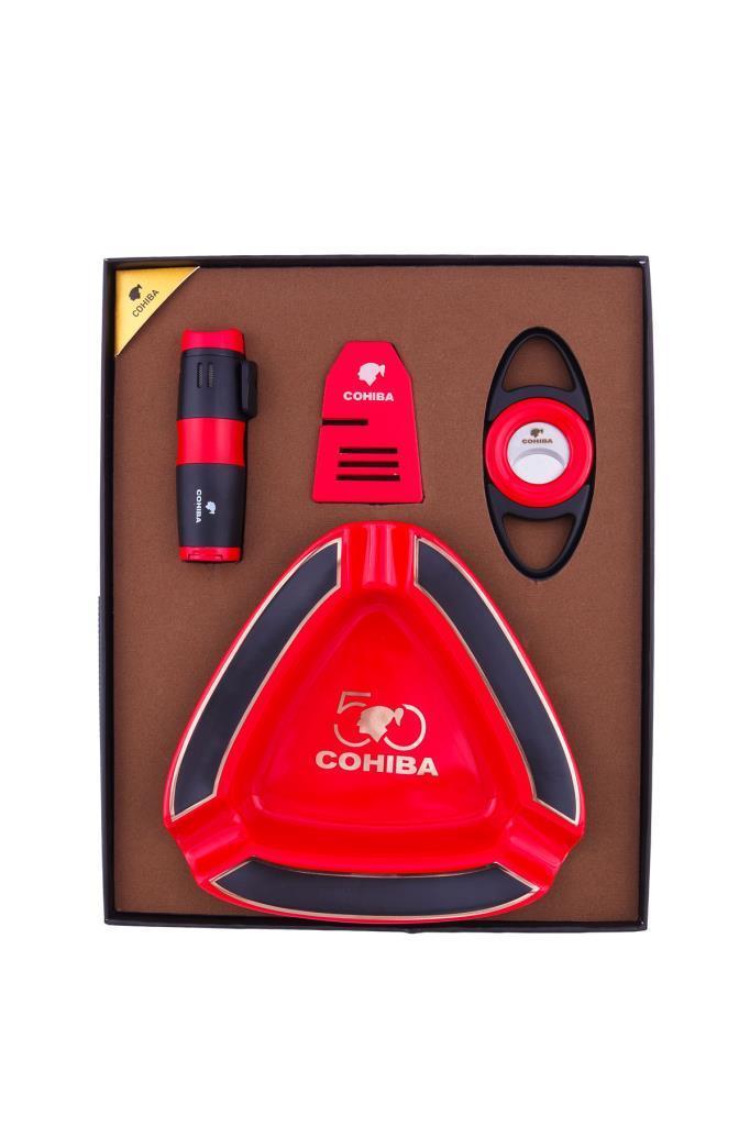 TR7436,Cohiba Çakmak Kesici Puro Tutucu Masa Küllük Dörtlü Kırmızı Puro Seti