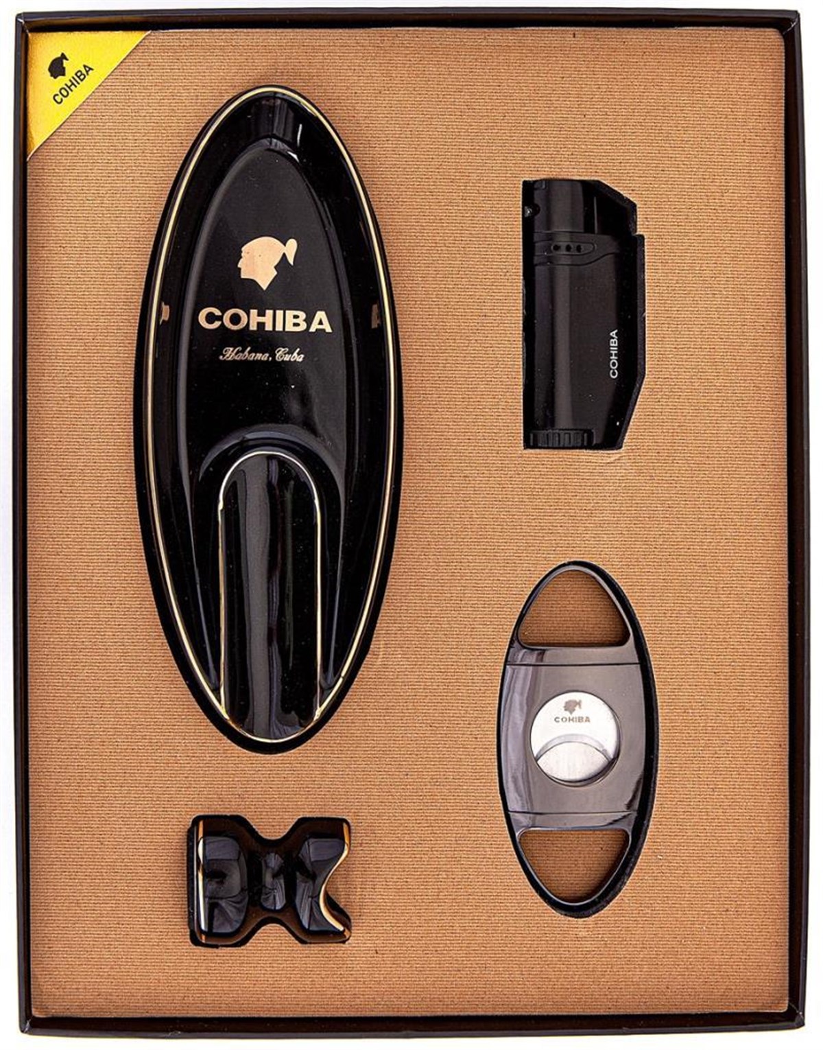 TR3080,Cohiba Çakmak Kesici Küllük Sehpa Dörtlü Puro Siyah-Gunmetal Set