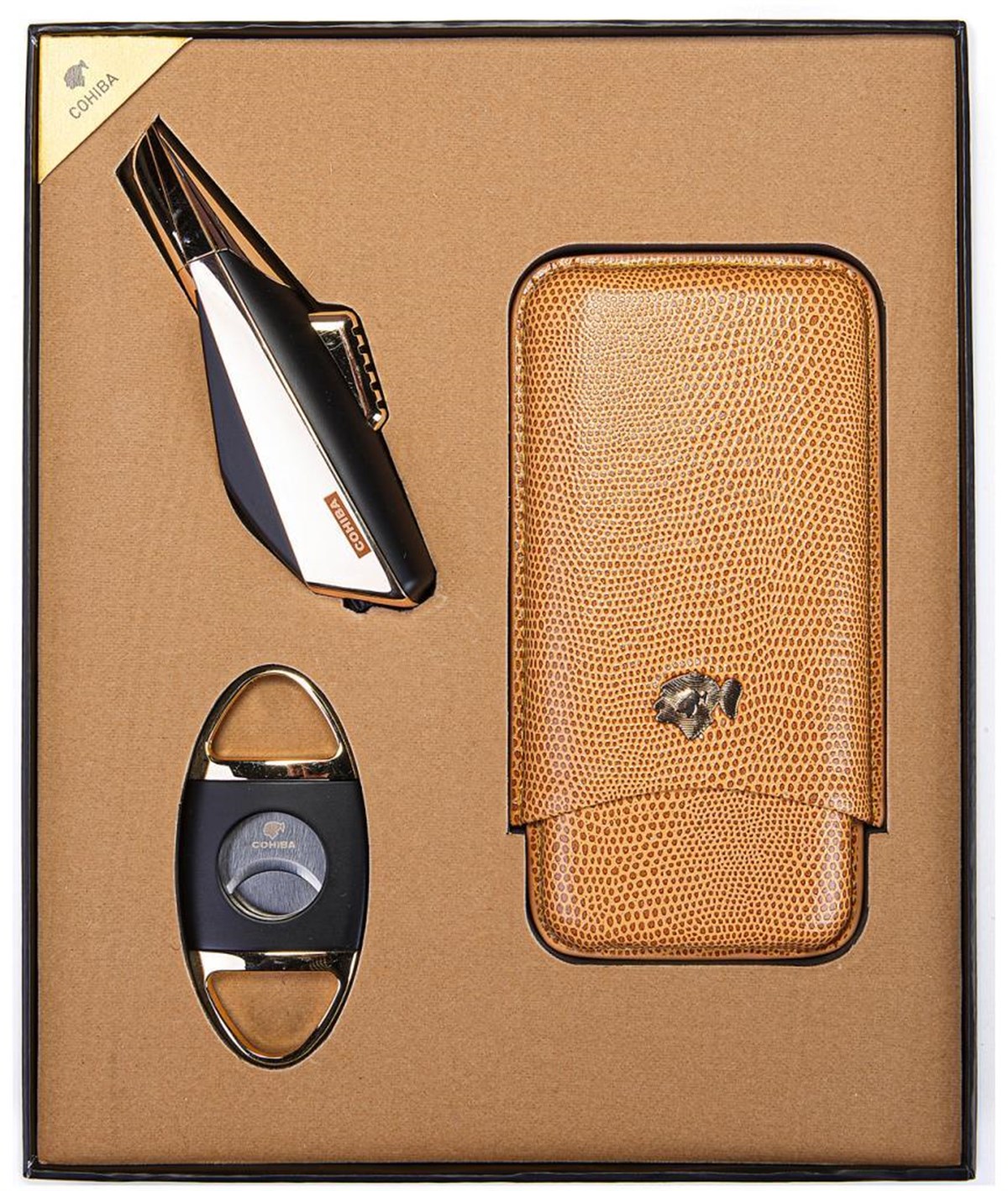 TR3537,Cohiba Çakmak Kılıf Kesici Gold Puro Seti