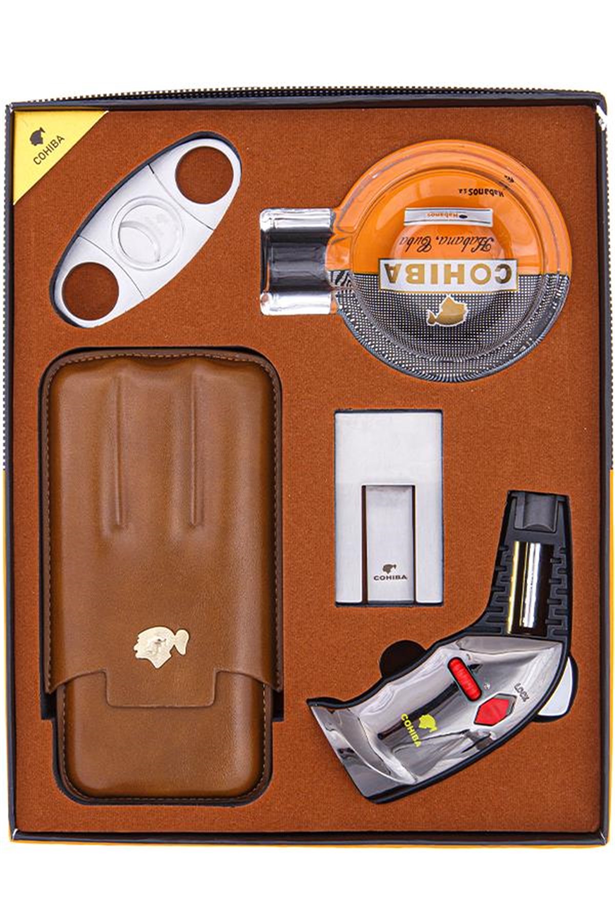 TR4865,Cohiba Çakmak Kılıf Küllük Kesici Sehpa Beşli Puro Seti