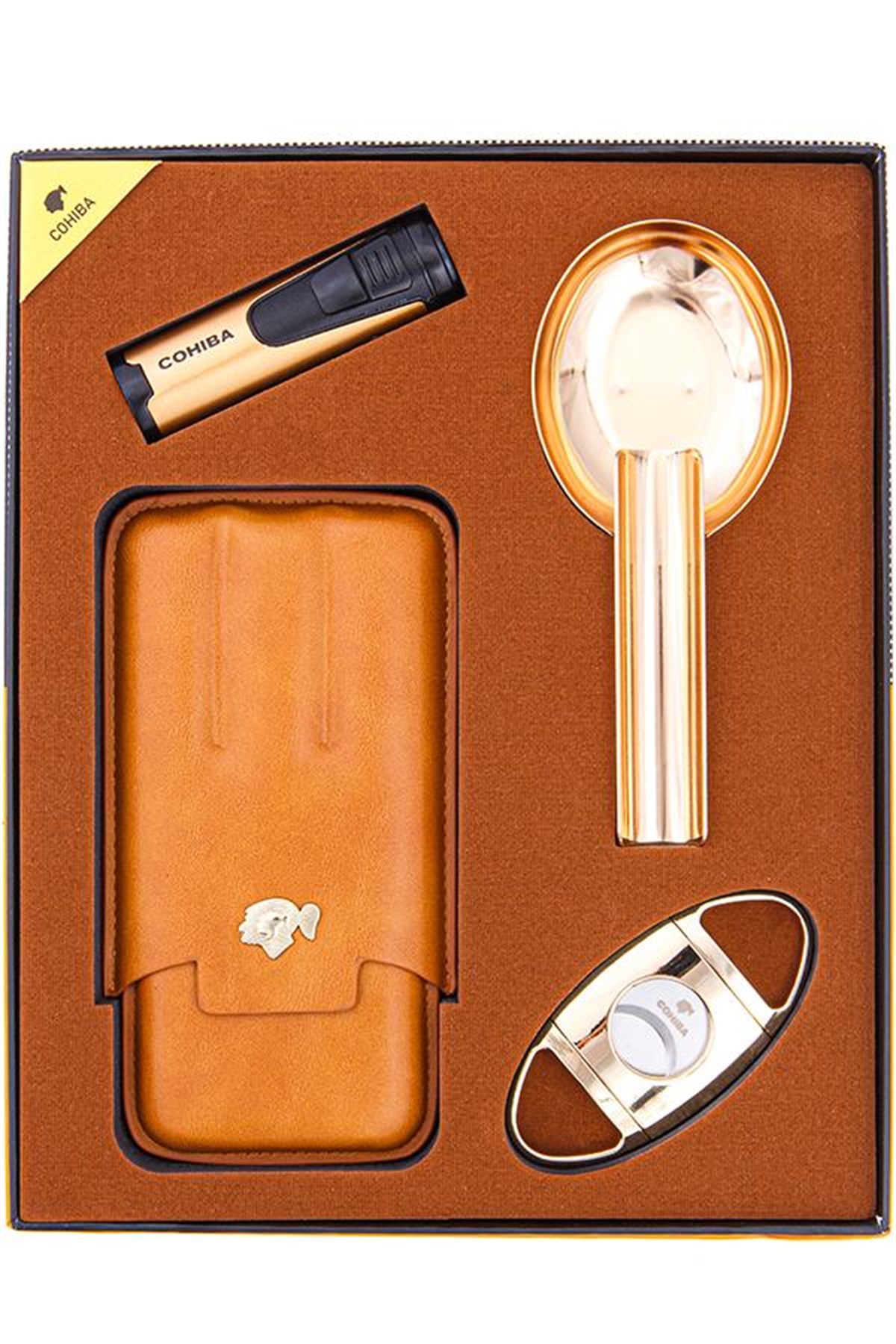 TR4862,Cohiba Çakmak Kılıf Küllük Kesici Dörtlü Gold Puro Seti