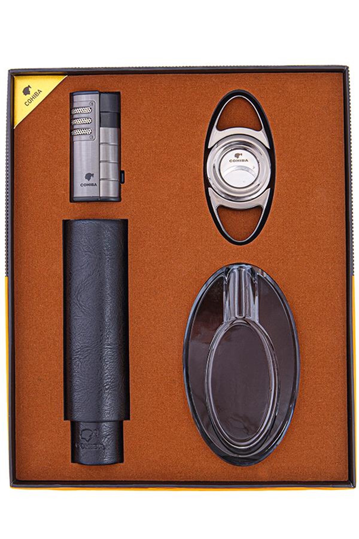 TR4864,Cohiba Çakmak Kılıf Küllük Kesici Dörtlü Siyah Puro Seti