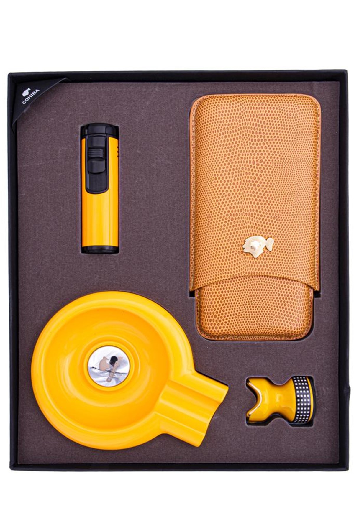 TR4803,Cohiba Çakmak Küllük Masa Kılıf Dörtlü Sarı Puro Seti