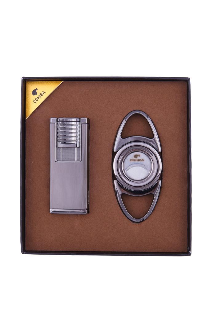 TR7426,Cohiba Çift Torch Çakmak Kesici İkili Gunmetal Puro Seti