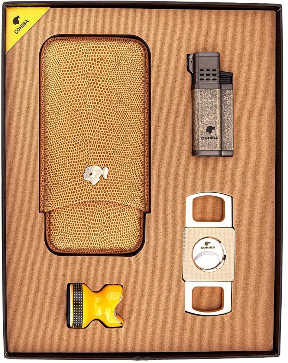 TR3085,Cohiba Gold - Kahverengi - Eskitilmiş Bakır - Sarı Kılıf Çakmak Kesici Sehpa Puro Set