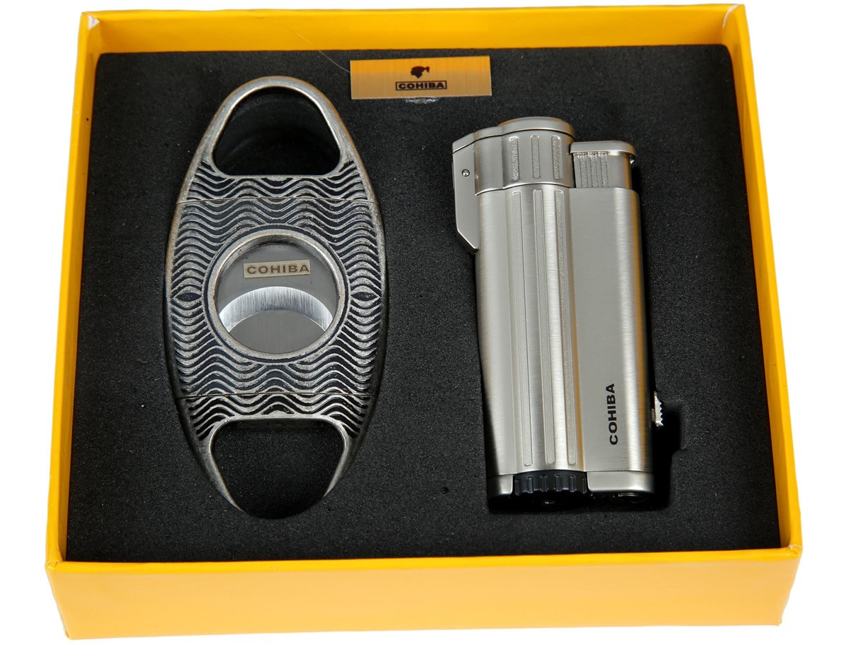 TR1344,Cohiba Gümüş Çakmak Gümüş Kesici İkili Set
