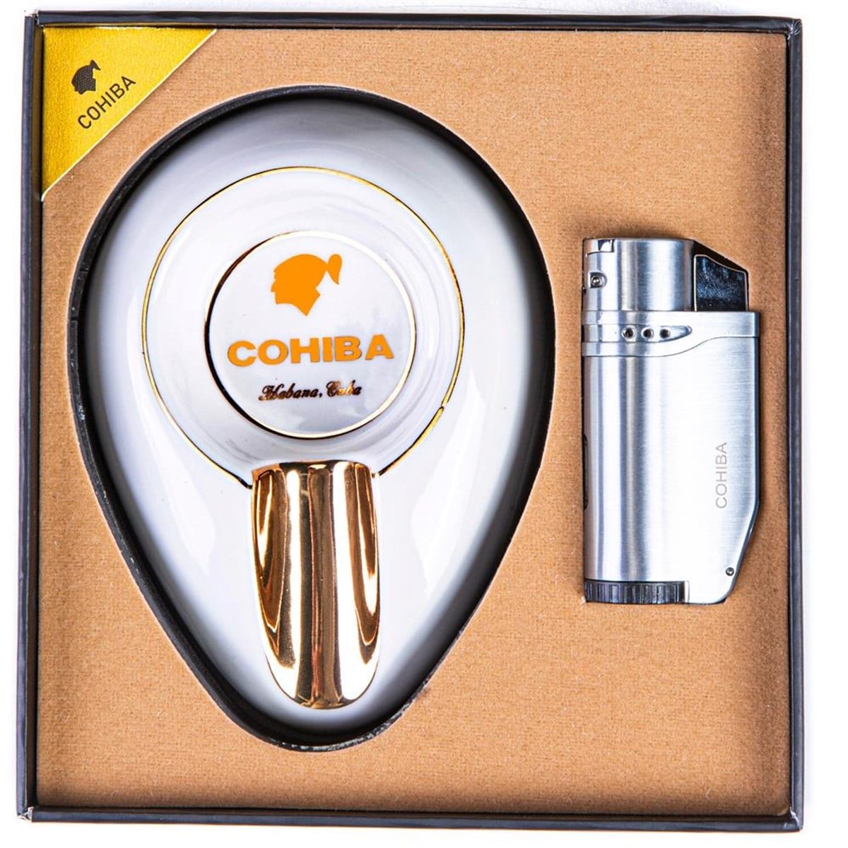 TR3394,Cohiba İkili Çakmak Küllük Beyaz-Gümüş Set