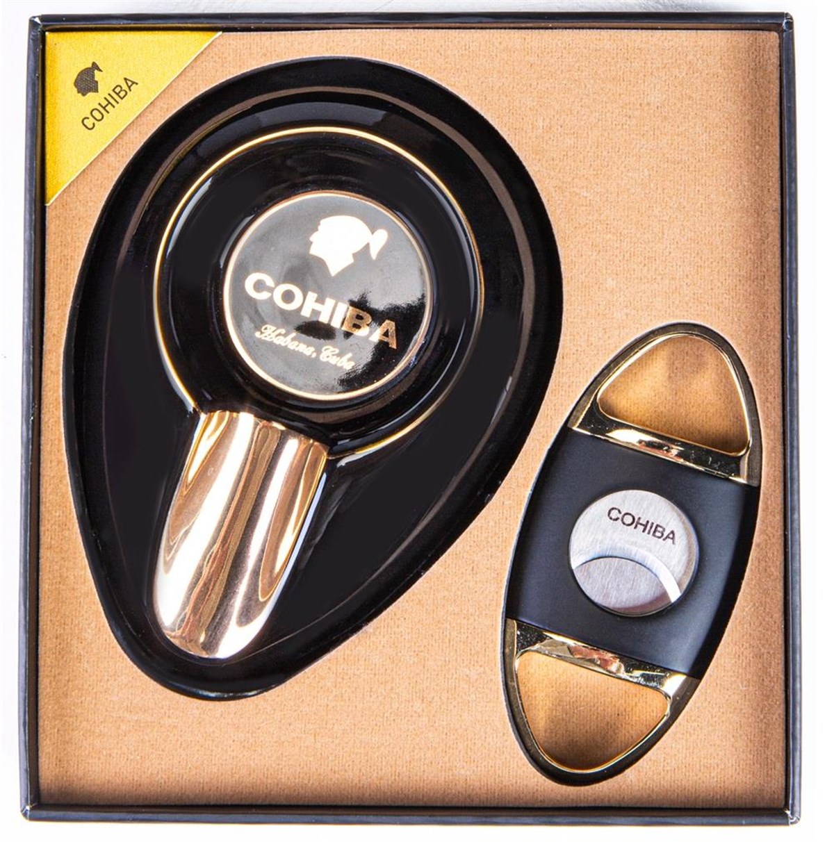 TR3397,Cohiba İkili Küllük Kesici Siyah-Gold Puro Set