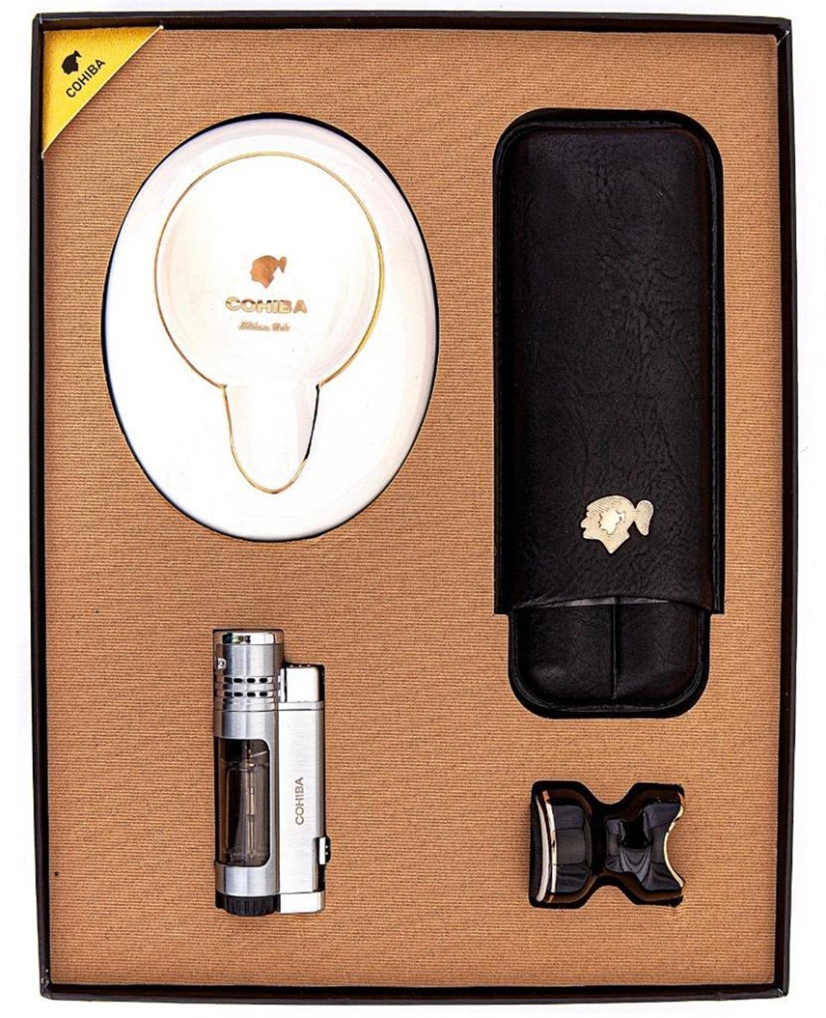 TR3083,Cohiba Kılıf Çakmak Küllük Sehpa Dörtlü Beyaz-Siyah Puro Set