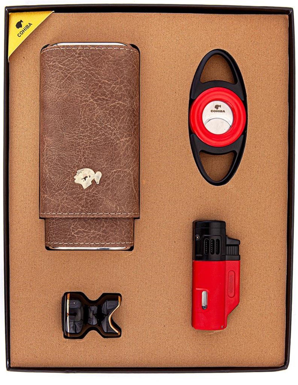 TR3082,Cohiba Kılıf Çakmak Kesici Sehpa Dörtlü Kırmızı-Siyah Puro Set