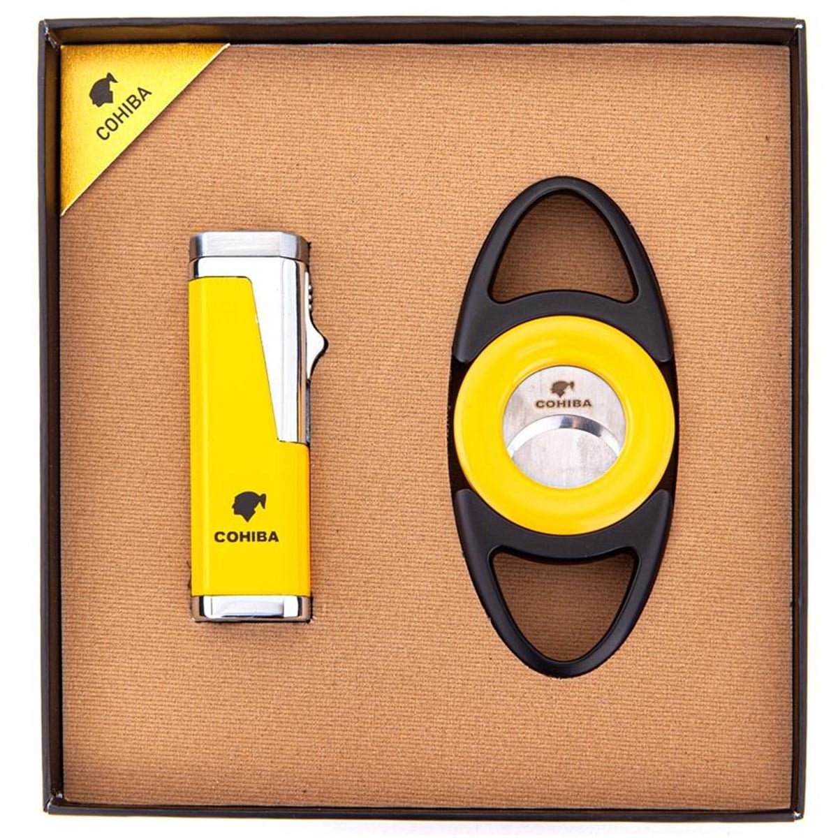 TR3092,Cohiba Sarı-Siyah İkili Çakmak Kesici Puro Set