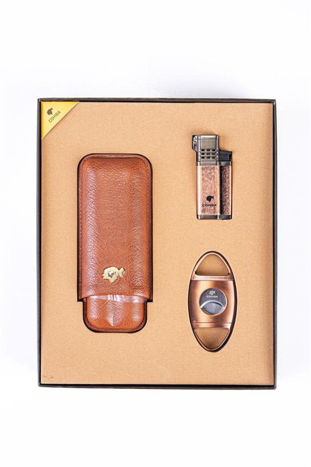 TR3385,Cohiba Üçlü Çakmak Kesici Kılıf Bronz Puro Set