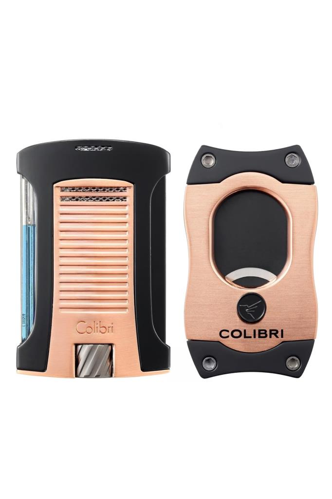 CLB-8,Colibri Daytona Rose Gold-Siyah 3 Torch Çakmak & Rose Gold S Cut Premium Puro Seti