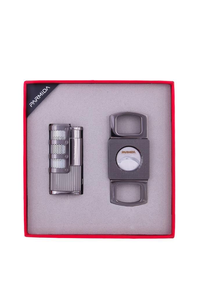 TR7448,Parmida 3 Torch Çakmak Kesici İkili Gunmetal Puro Seti