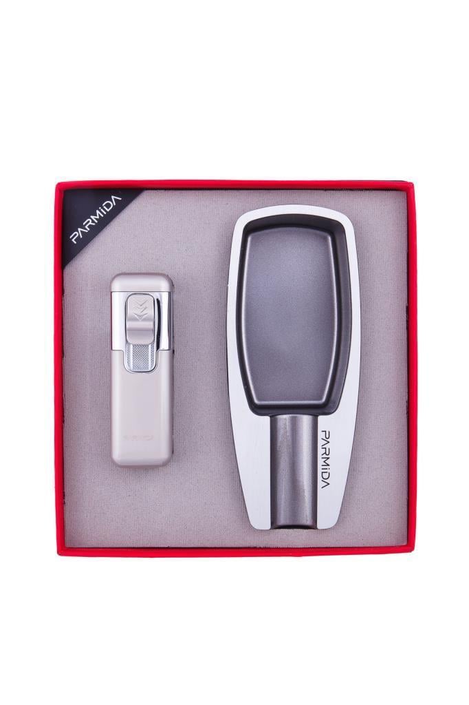 TR7452,Parmida 4 Torch Çakmak Tekli Küllük İkili Gümüş Puro Seti
