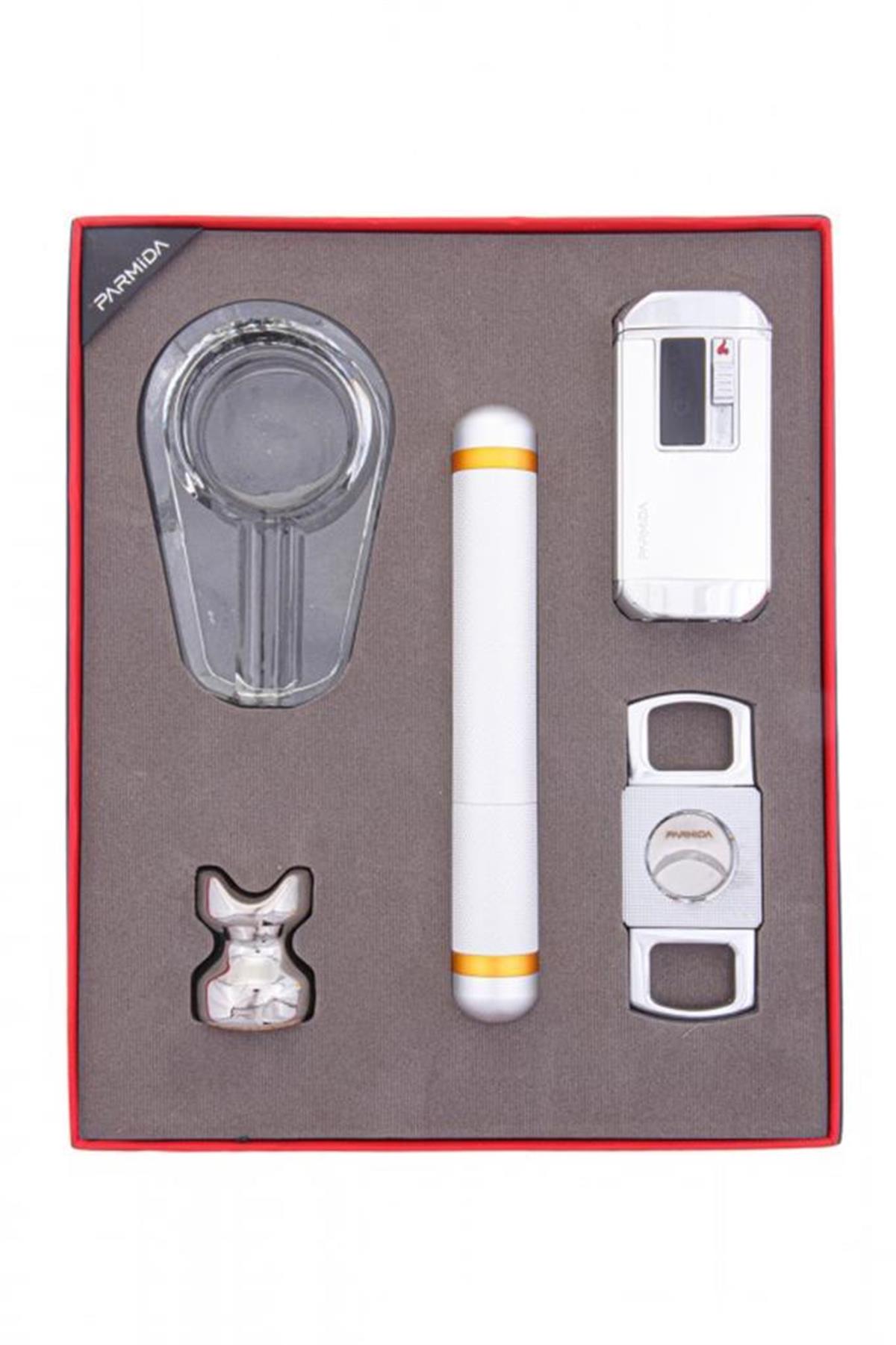 TR6216,Parmida Çakmak Kesicili Küllük Tüp Sehpa Beşli Puro Seti