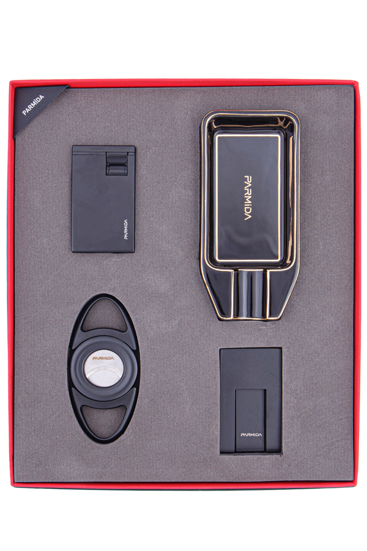 TR4798,Parmida Çakmak Kesici Küllük Sehpa Dörtlü Siyah Puro Seti