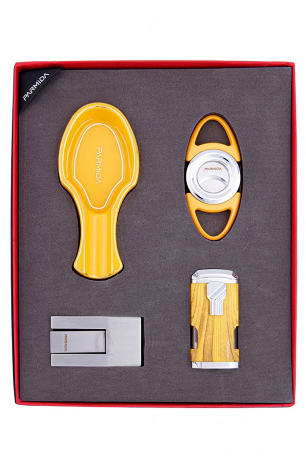 TR4796,Parmida Çakmak Kesici Küllük Sehpa Dörtlü Sarı Puro Seti