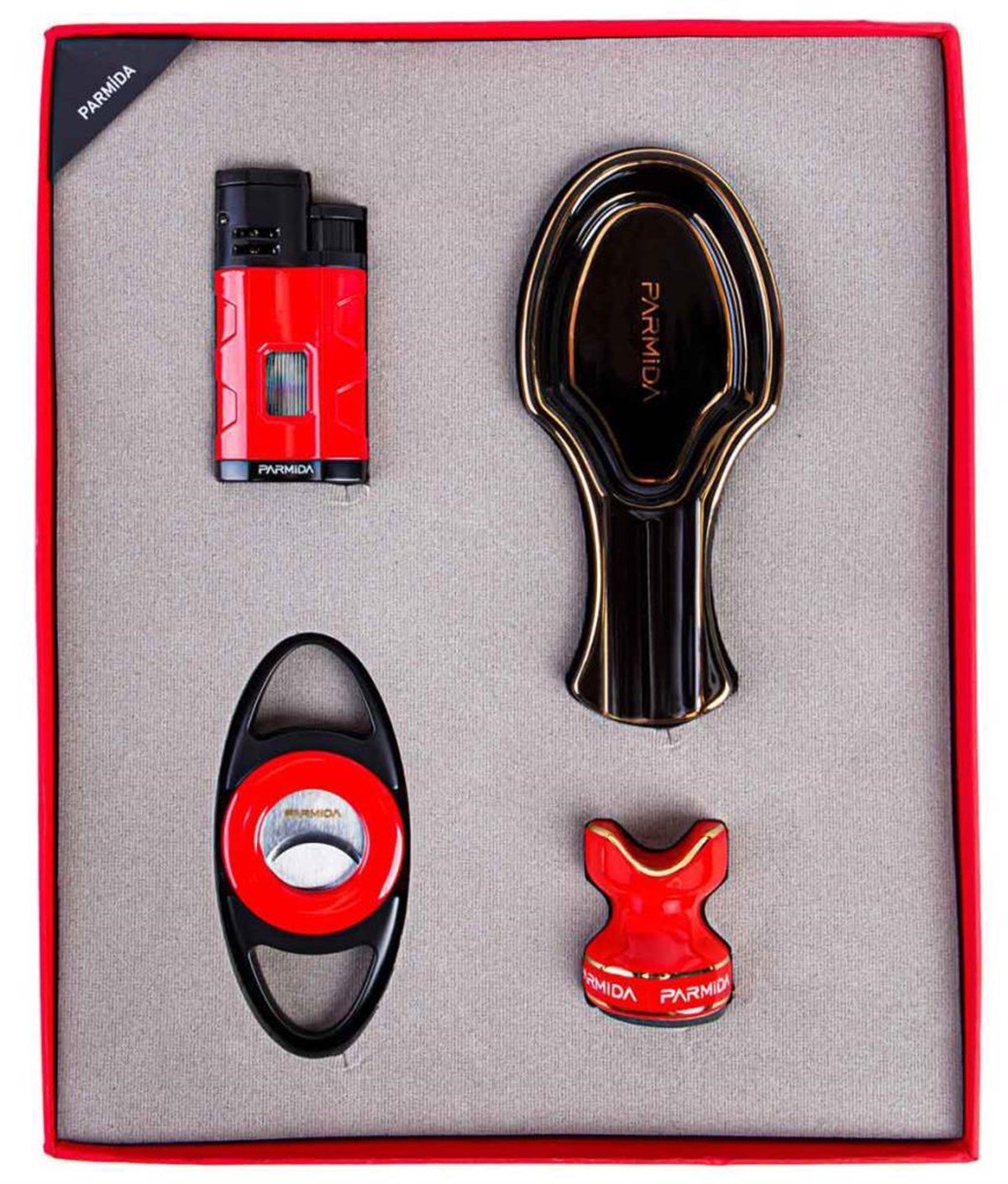 TR3868,Parmida Kırmızı Siyah Çakmak Küllük Kesici Tutucu Dörtlü Puro Seti